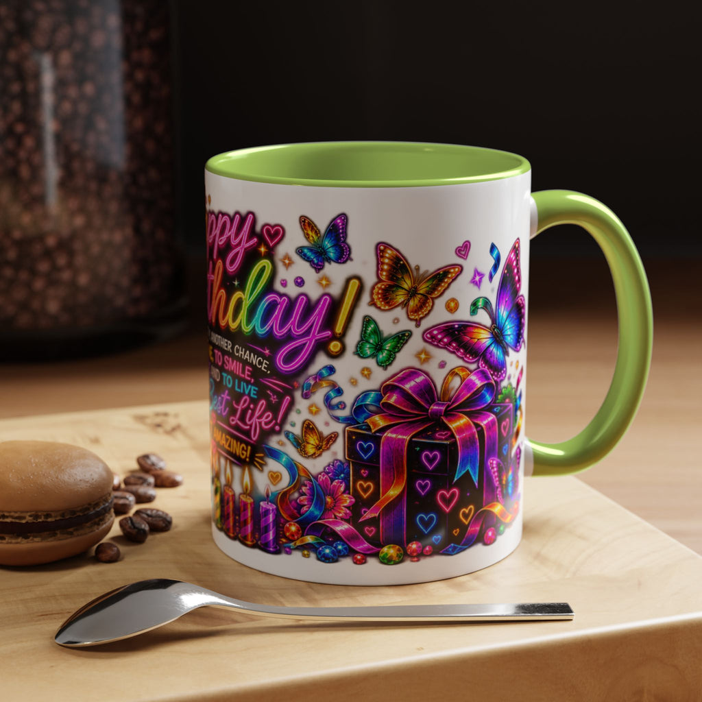 Birthday Coffee Mug – Colorful "Happy Birthday" Gift Mug with Butterflies & Candles