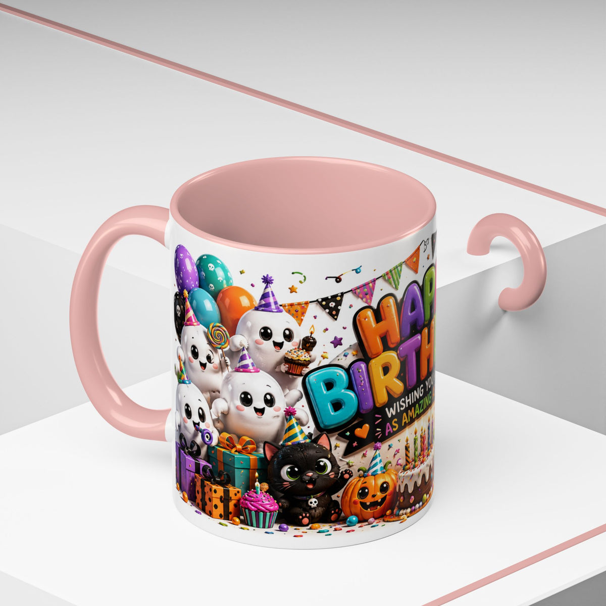 Happy Birthday Accent Coffee Mug — Colorful 3D Birthday Party Design (11/15oz)