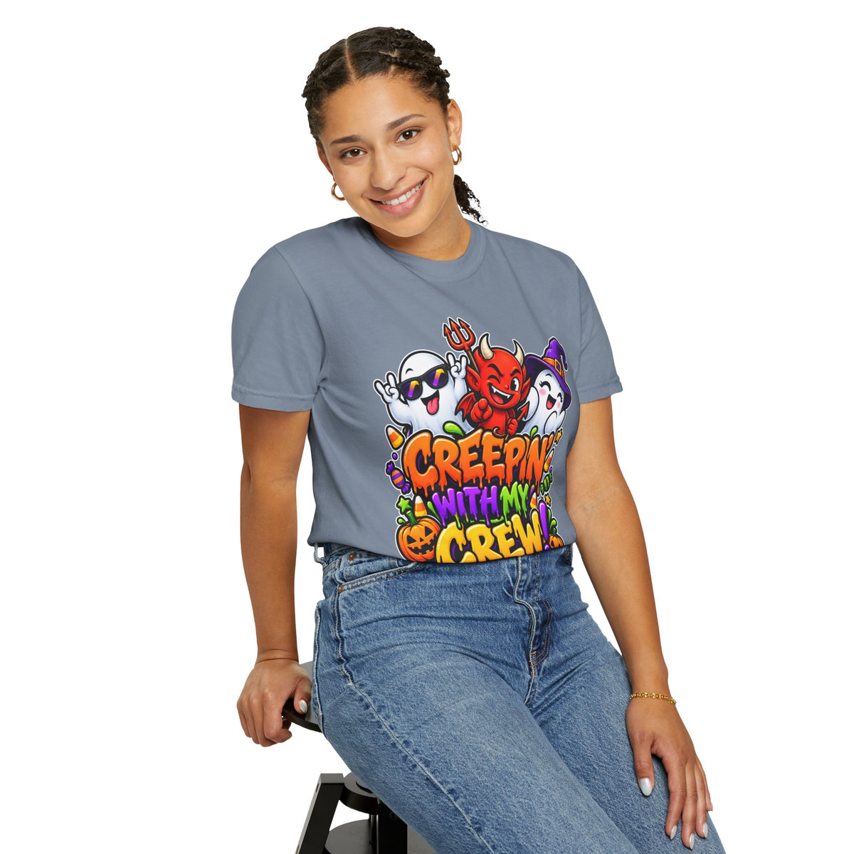 Creepin’ With My Crew Halloween T-Shirt – Colorful Funny Ghost & Devil Graphic Tee