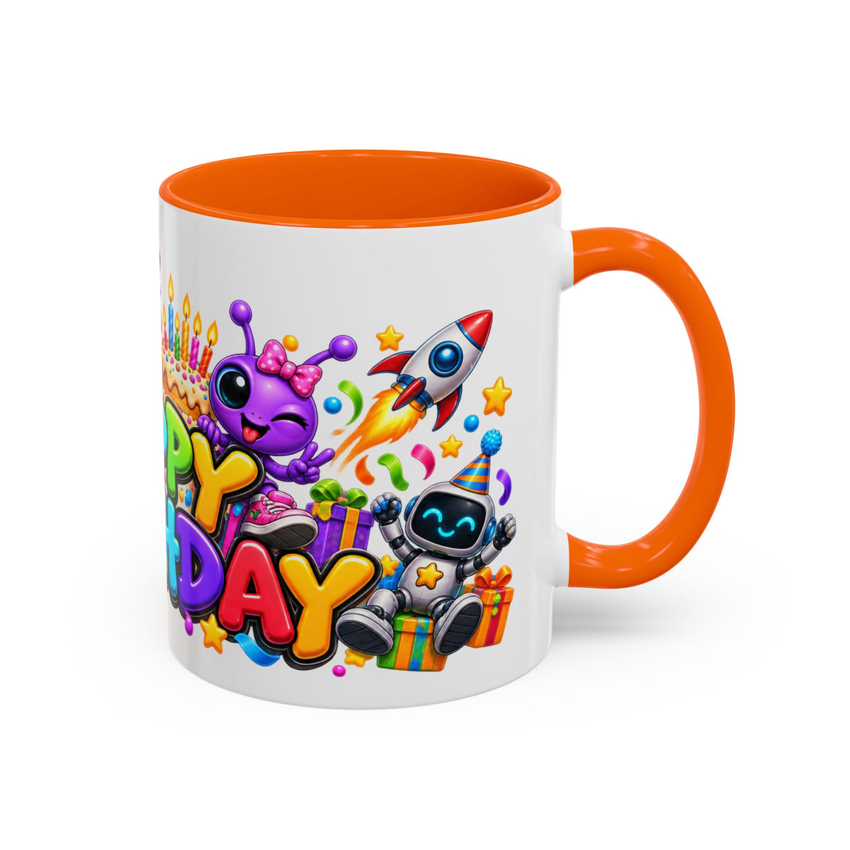 Happy Birthday Space Party Mug – Cute Aliens, Robots, UFO & Colorful 3D Birthday Design