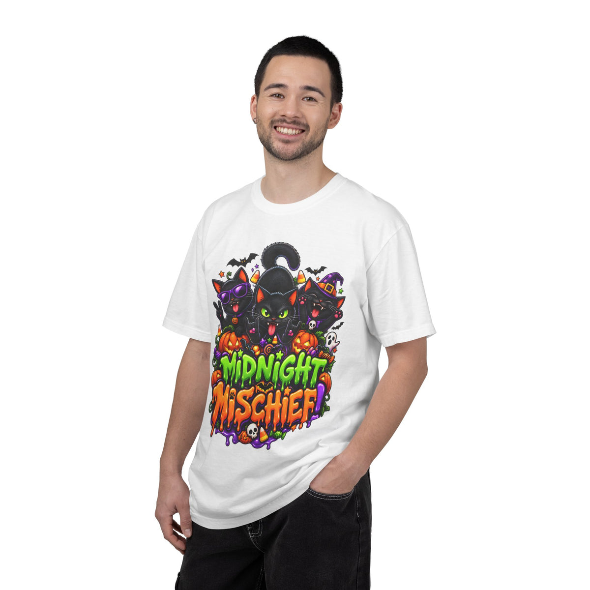 Midnight Mischief Halloween T-Shirt – Funny Black Cat Graphic Tee