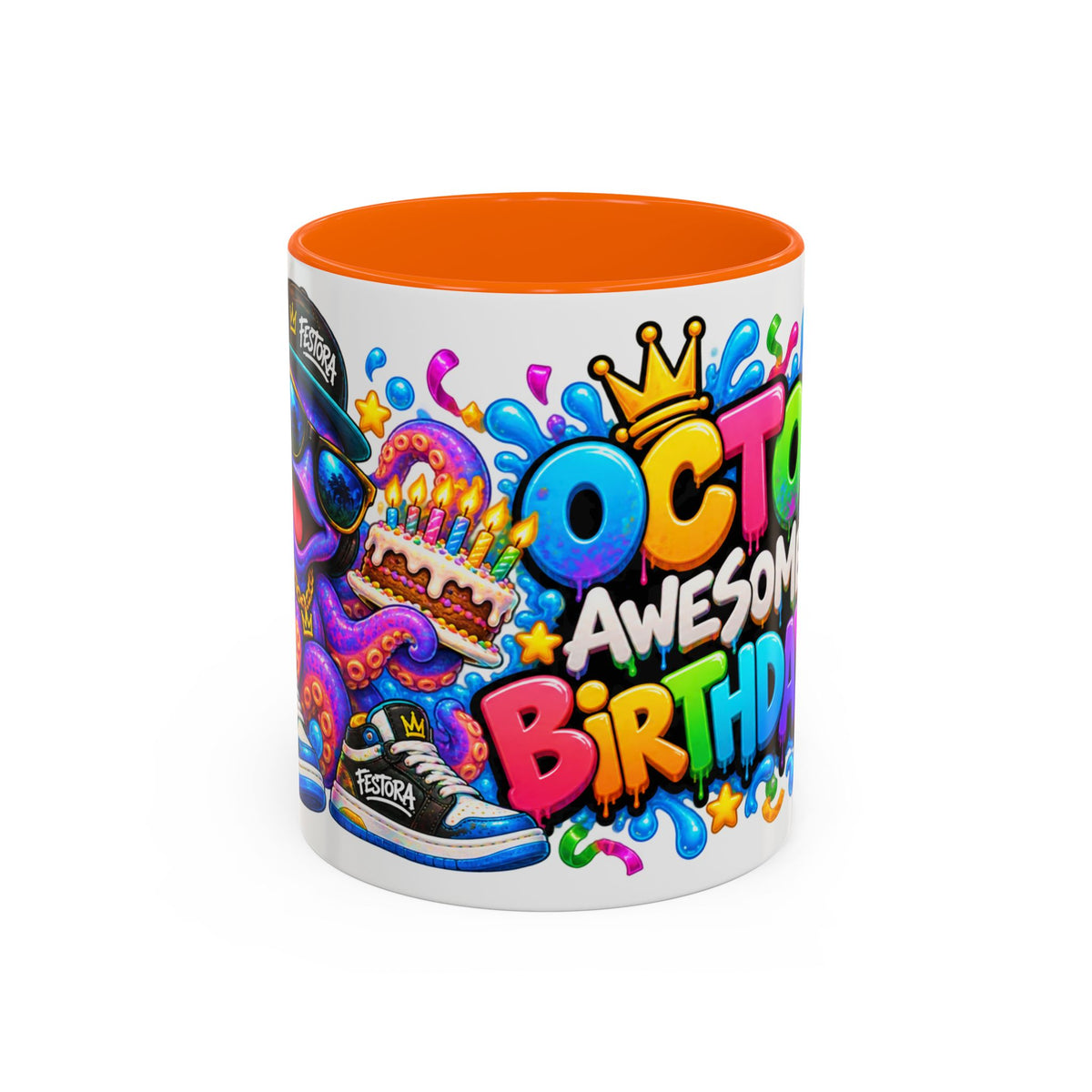 OCTO AWESOME BIRTHDAY! White Ceramic Mug – Funny Octopus Birthday Coffee Cup – Colorful Party Gift – Original FestoraShop Design