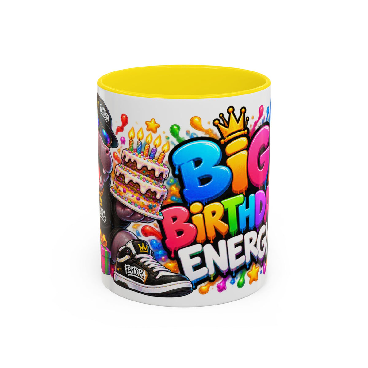 BIG BIRTHDAY ENERGY! White Ceramic Mug – Funny Hippo Birthday Coffee Cup – Colorful Party Gift – Original FestoraShop Design
