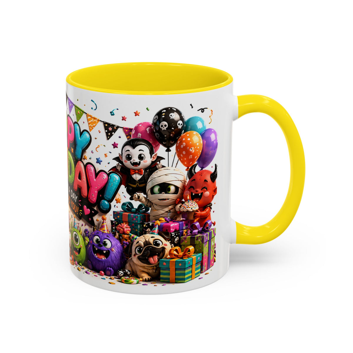 Happy Birthday Accent Coffee Mug — Colorful 3D Birthday Party Design (11/15oz)