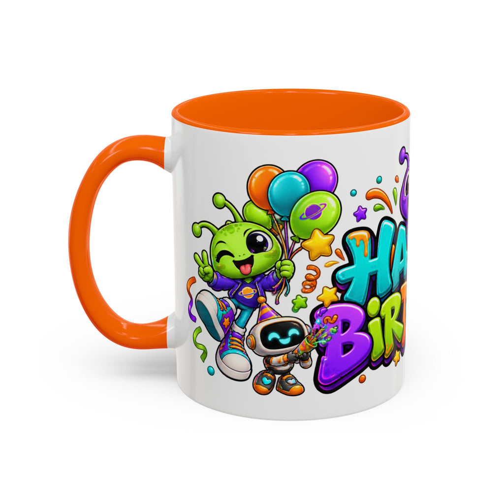 Happy Birthday Alien Mug – Colorful Space Party Cup with Cute Aliens & Robots