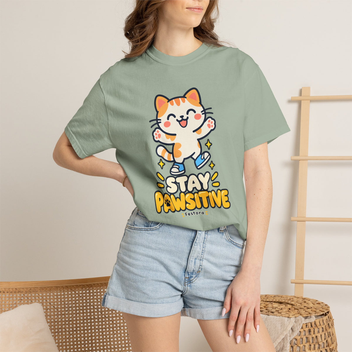 Stay Pawsitive – Cute Happy Cat Graphic T-Shirt