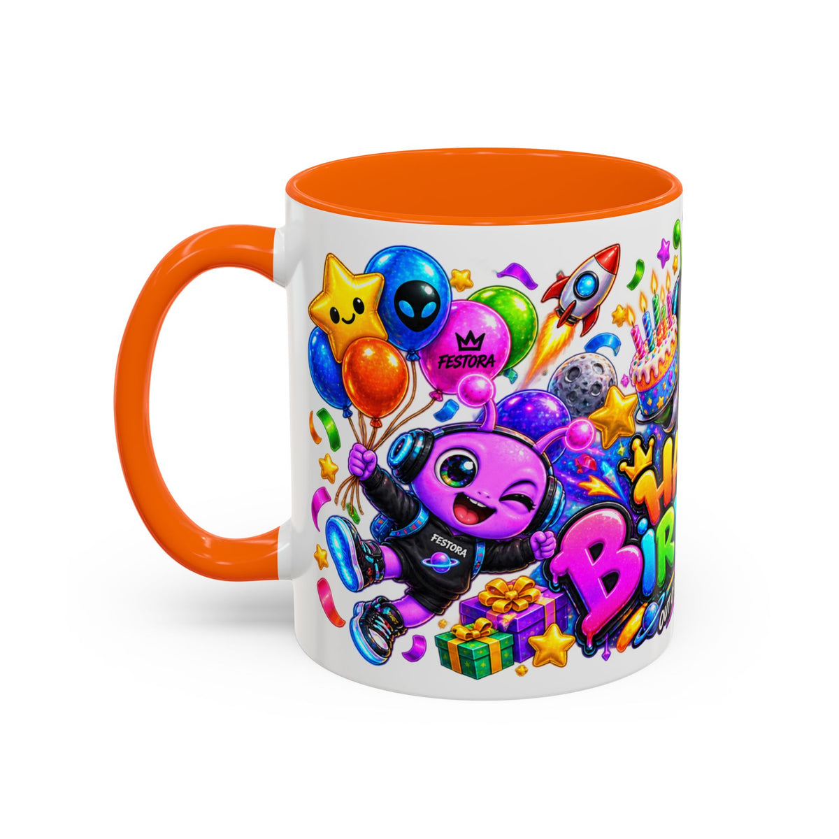 Happy Birthday Out of This World Accent Mug — Cute Alien Space Birthday Coffee Cup (11oz)