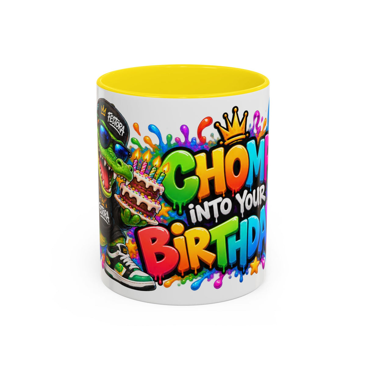 CHOMP INTO YOUR BIRTHDAY! White Ceramic Mug – Funny Crocodile Birthday Coffee Cup – Colorful Party Gift – Original FestoraShop Design