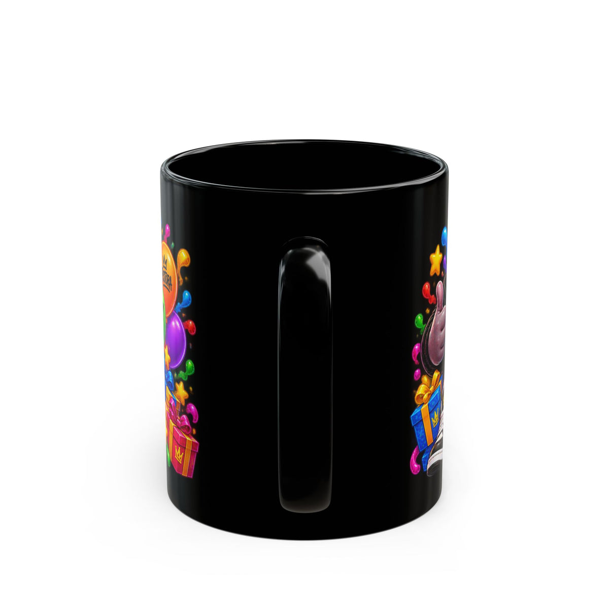 BIG BIRTHDAY ENERGY! Black Ceramic Mug – Funny Hippo Birthday Coffee Cup – Colorful Party Gift – Original FestoraShop Design