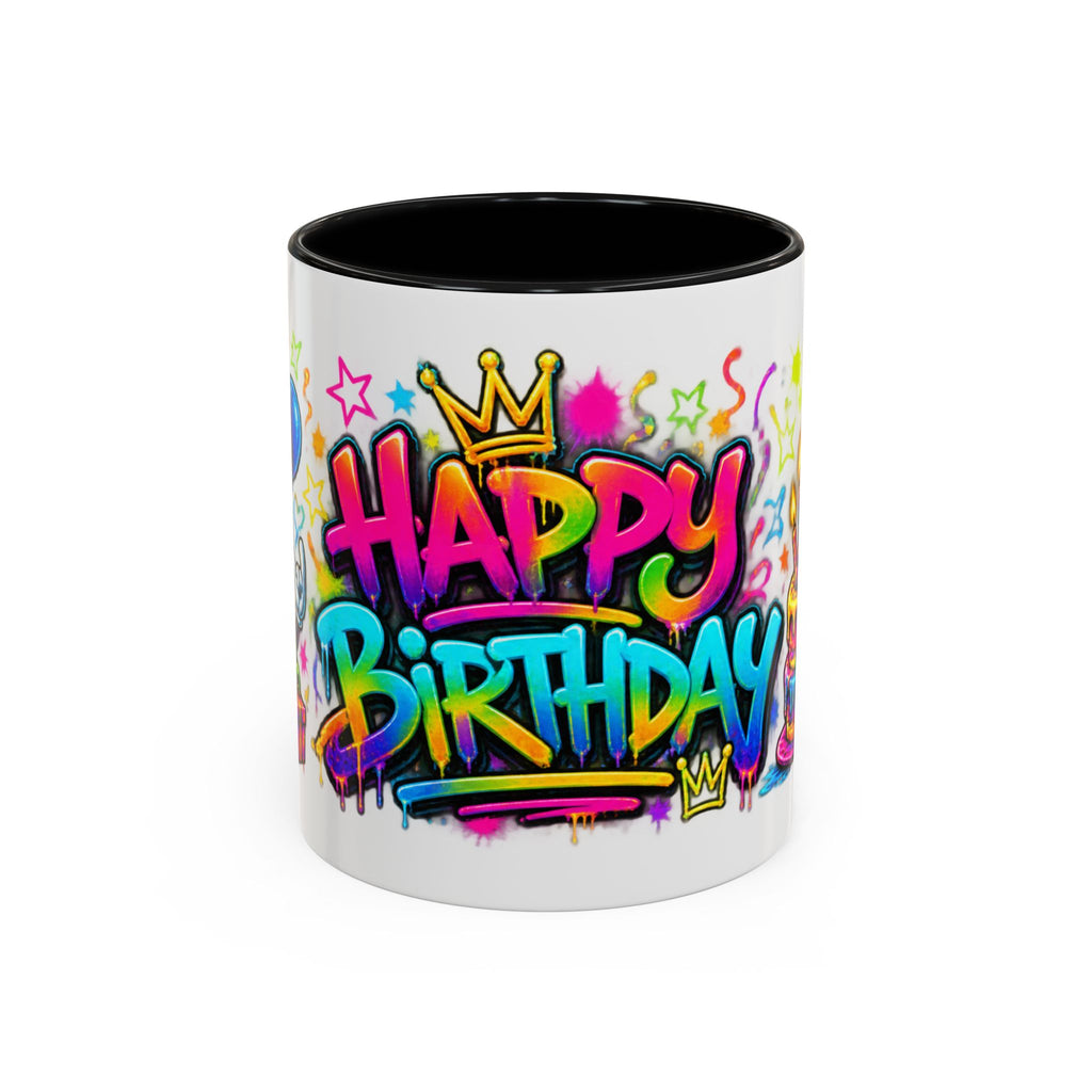 Happy Birthday Accent Coffee Mug – Colorful Graffiti Cake & Balloons (11/15oz)