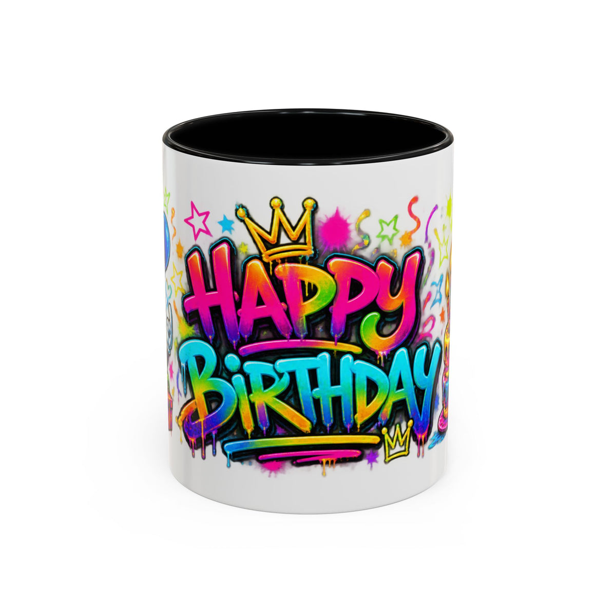 Happy Birthday Accent Coffee Mug – Colorful Graffiti Cake & Balloons (11/15oz)