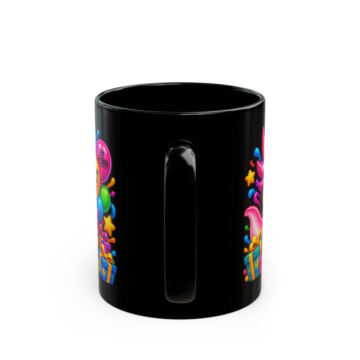 BORN TO CELEBRATE! Black Ceramic Mug – Cute Axolotl Birthday Coffee Cup – Colorful Party Gift – Original FestoraShop Design