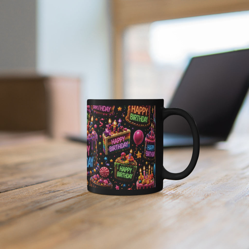 Happy Birthday Neon Cake Black Mug — Colorful Party Coffee Cup (11oz/15oz)