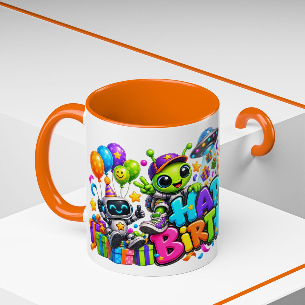 Happy Birthday Space Party Mug – Cute Aliens, Robots, UFO & Colorful 3D Birthday Design