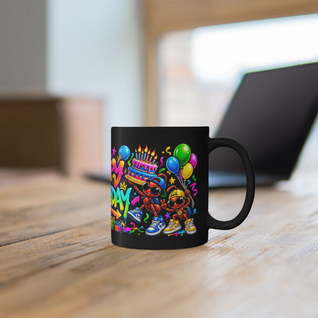 Happy Birthday Black Mug — Colorful Graffiti Celebration Coffee Cup (11oz/15oz)
