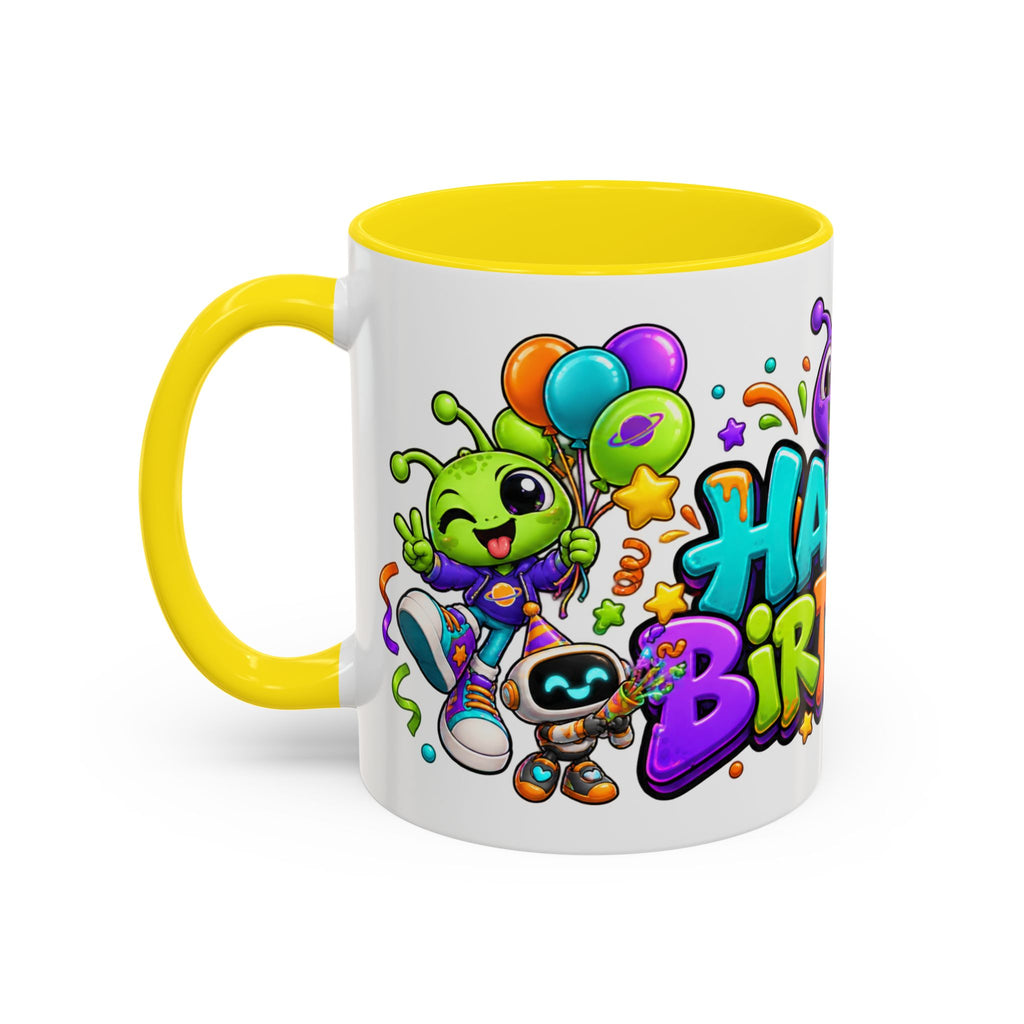 Happy Birthday Alien Mug – Colorful Space Party Cup with Cute Aliens & Robots