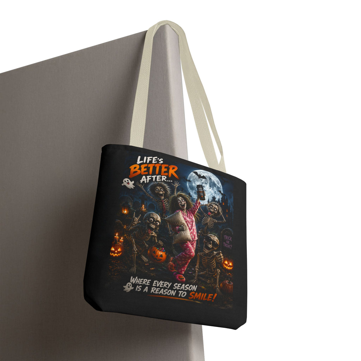 Halloween Horror Tote Bag - "Life's Better After" Trick-or-Treat Pumpkin Design