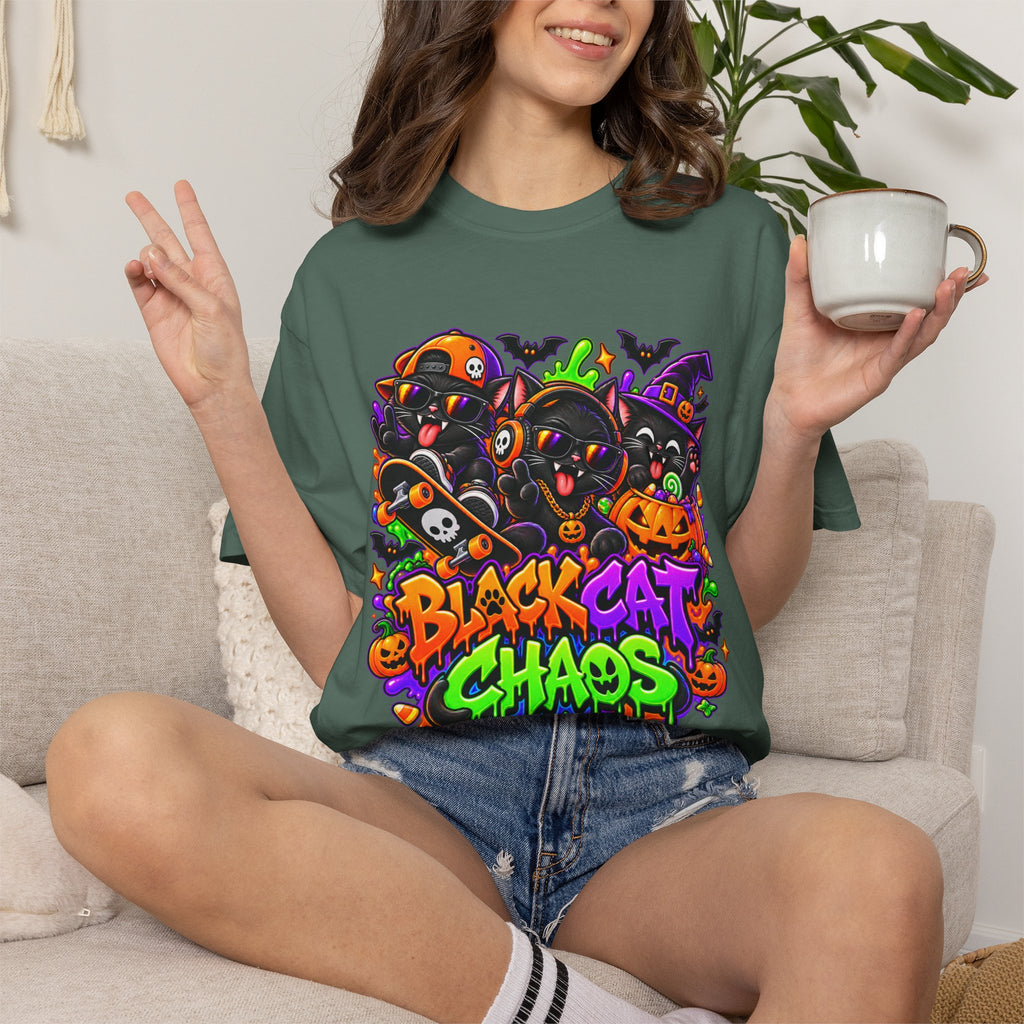 Neon Black Cat Halloween Chaos T-Shirt | Cute Spooky Cat Graphic Tee