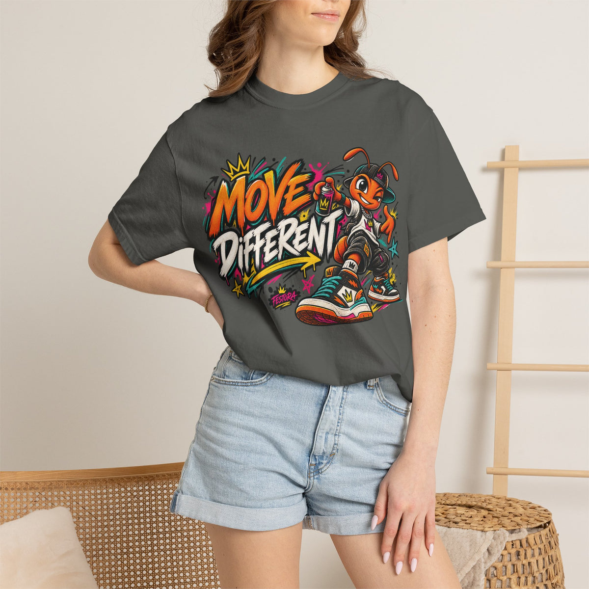 Move Different Graphic T-Shirt — Streetwear Skate Ant Mascot Design