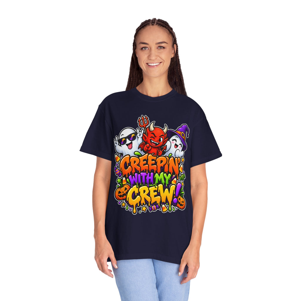 Creepin’ With My Crew Halloween T-Shirt – Colorful Funny Ghost & Devil Graphic Tee