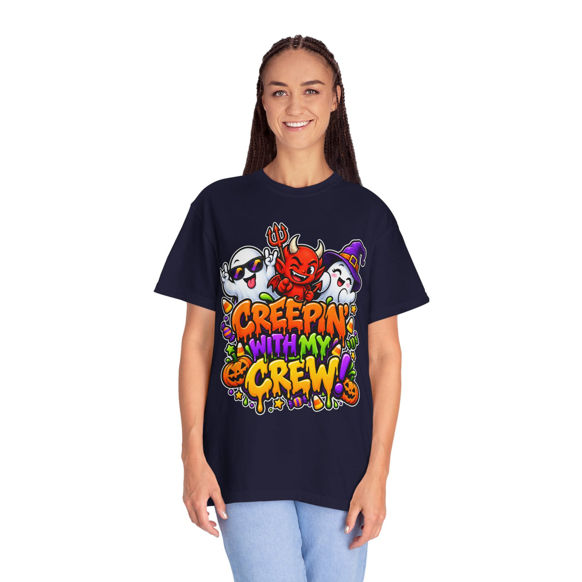 Creepin’ With My Crew Halloween T-Shirt – Colorful Funny Ghost & Devil Graphic Tee