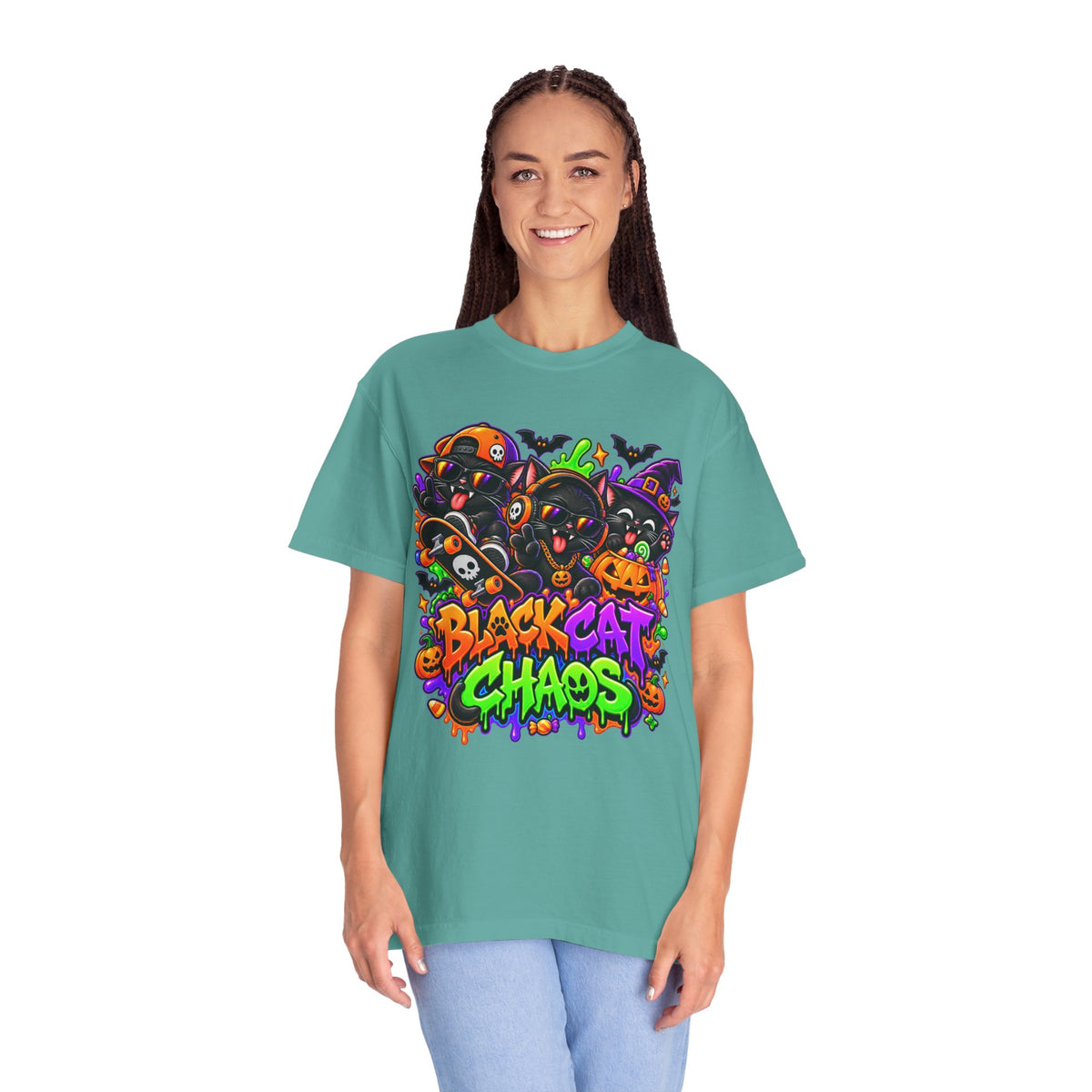 Neon Black Cat Halloween Chaos T-Shirt | Cute Spooky Cat Graphic Tee