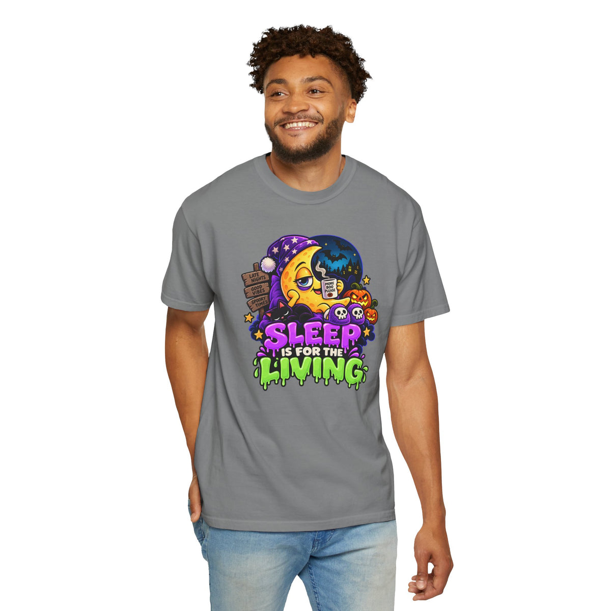 Sleep Is for the Living – Funny Halloween Moon T-Shirt