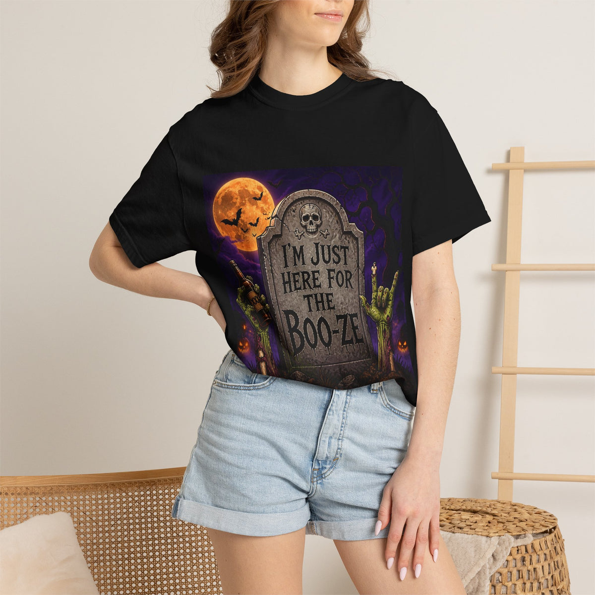 Halloween Tee — "I'm Just Here for the Boo-ze" Tombstone Design