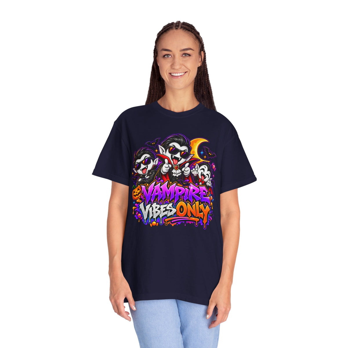 Neon Vampire Vibes Halloween Unisex Garment-Dyed T-Shirt Featuring a Cool Festora Vampire Crew