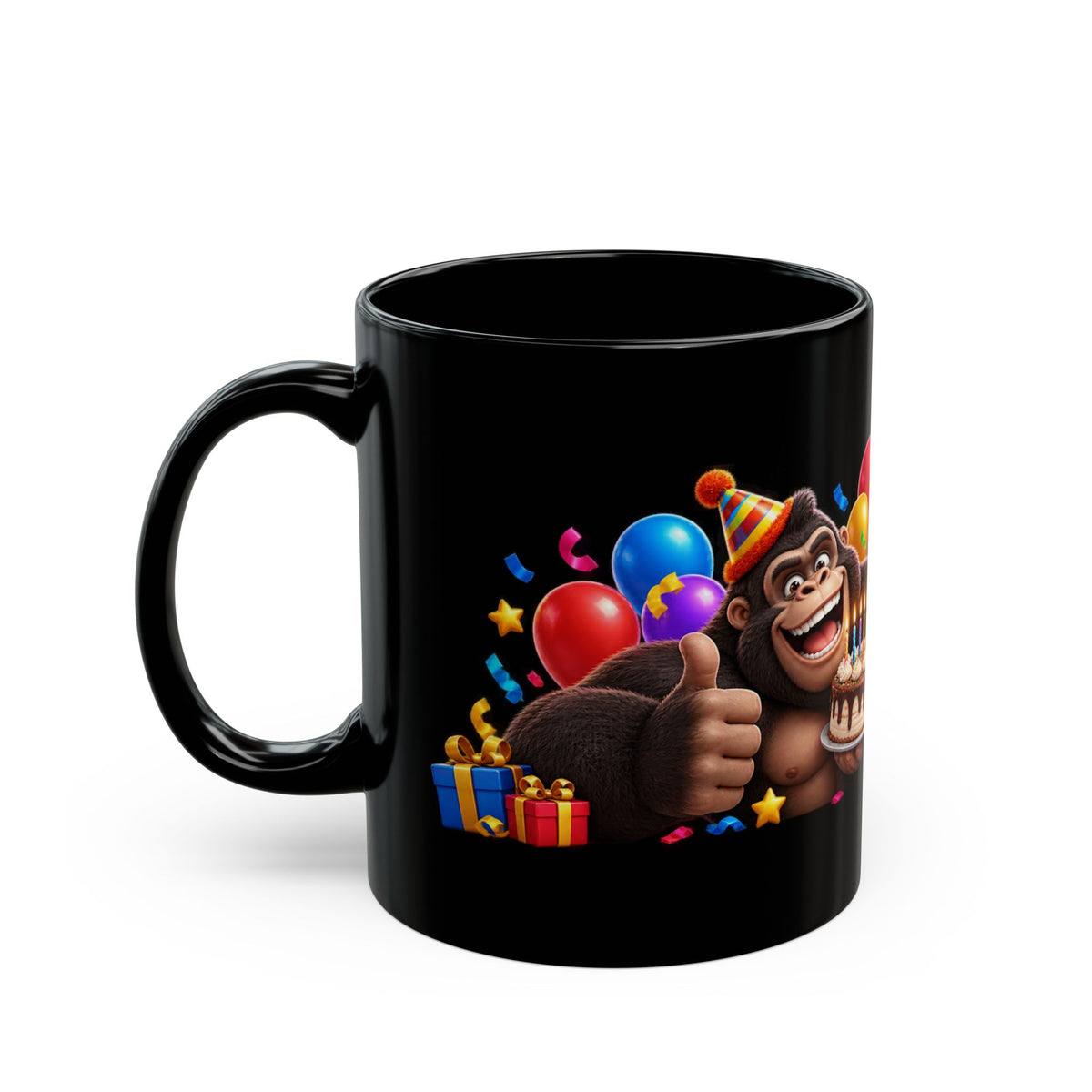 Gorilla Happy Birthday Mug - Bold 3D Party Design on Black Mug