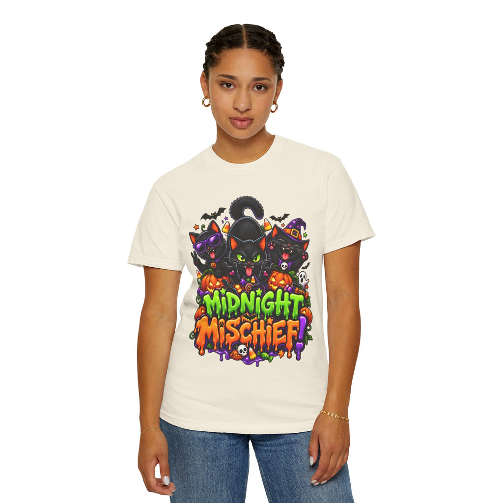 Midnight Mischief Halloween T-Shirt – Funny Black Cat Graphic Tee