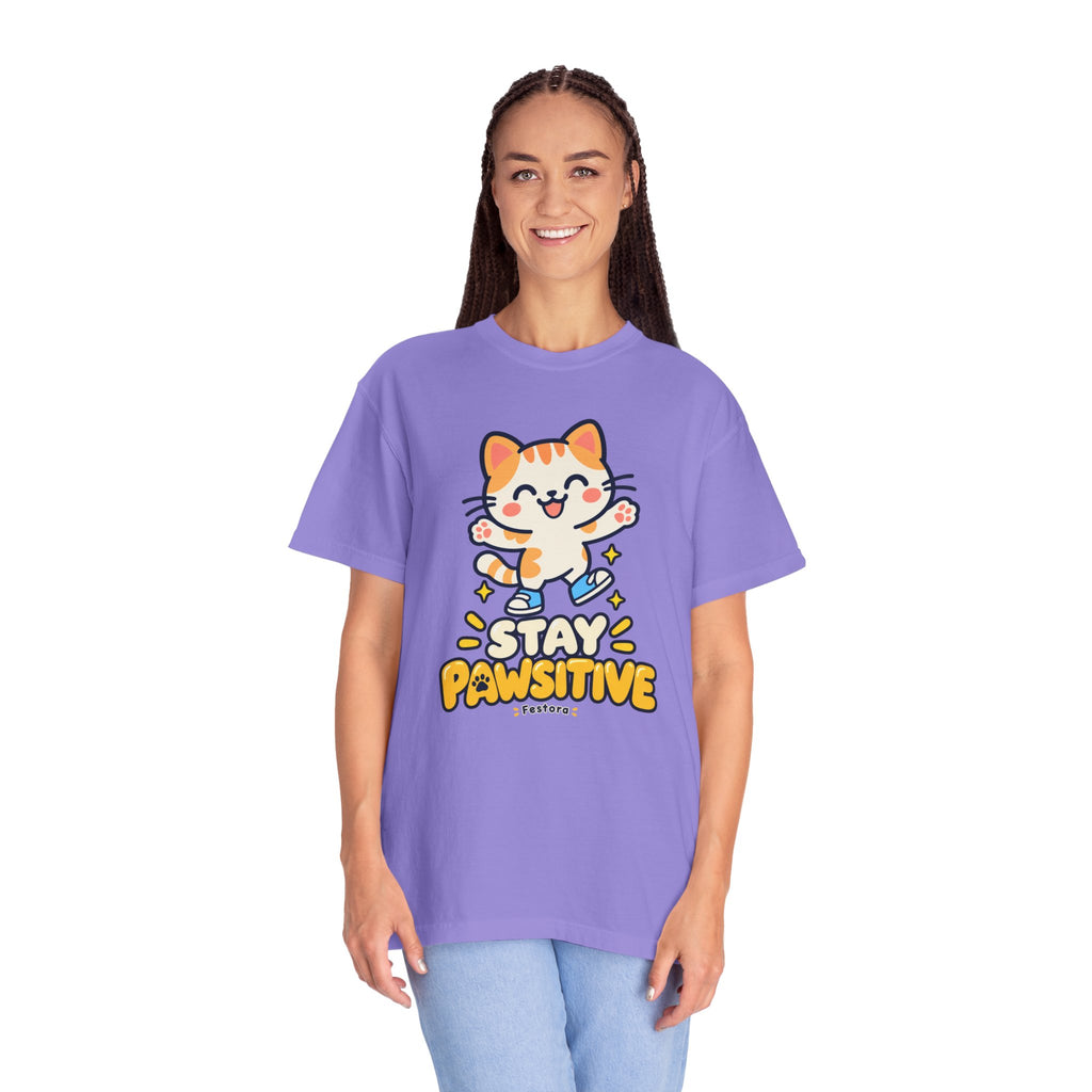 Stay Pawsitive – Cute Happy Cat Graphic T-Shirt