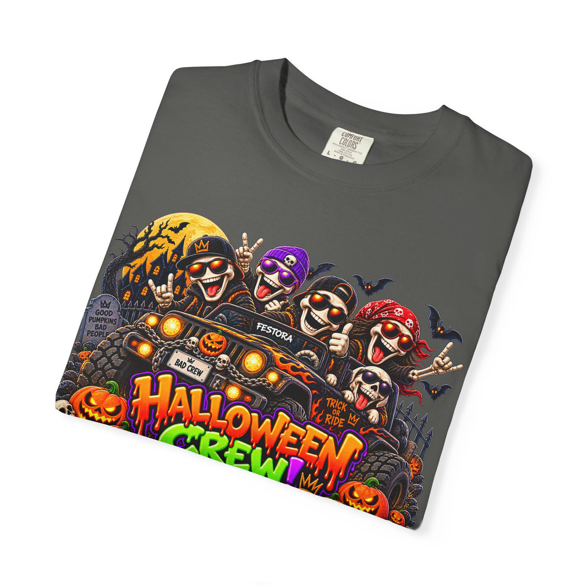 Halloween Crew T-Shirt – Skeleton Jeep Spooky Graphic Tee