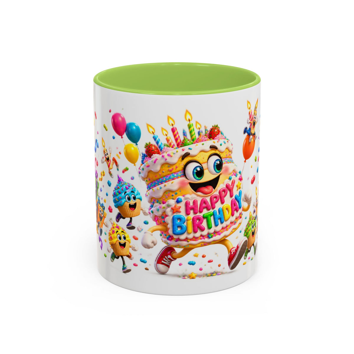 Birthday Party Coffee Mug – Colorful Happy Birthday Cake & Balloon Design (11/15oz Accent Mug)