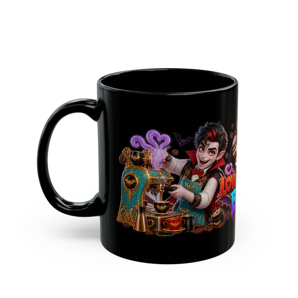 Love at First Bite Vampire Barista Halloween Black Mug