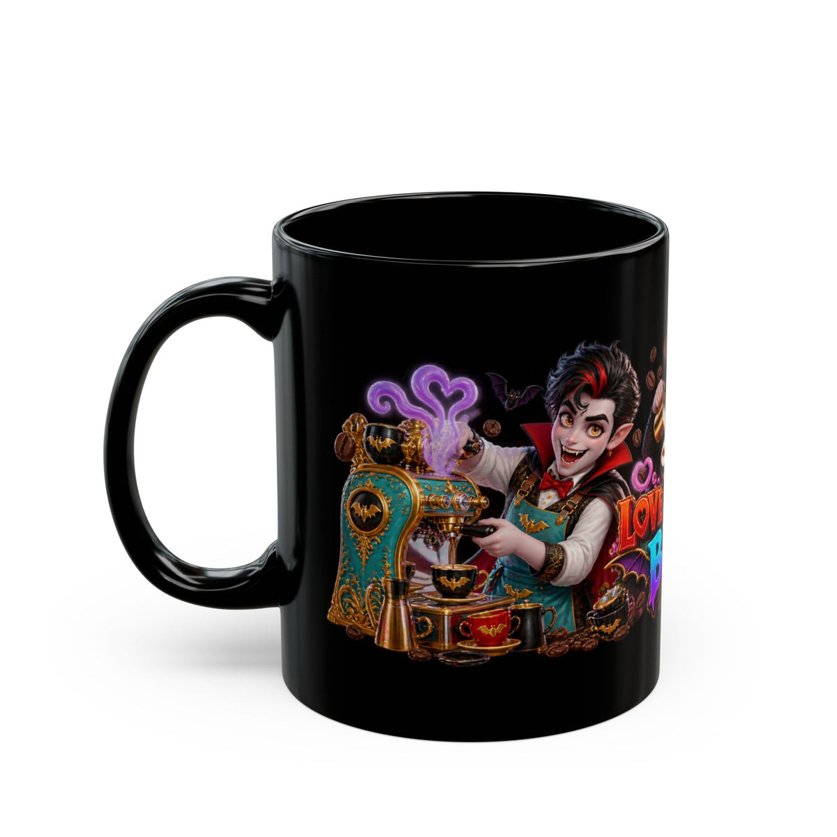 Love at First Bite Vampire Barista Halloween Black Mug