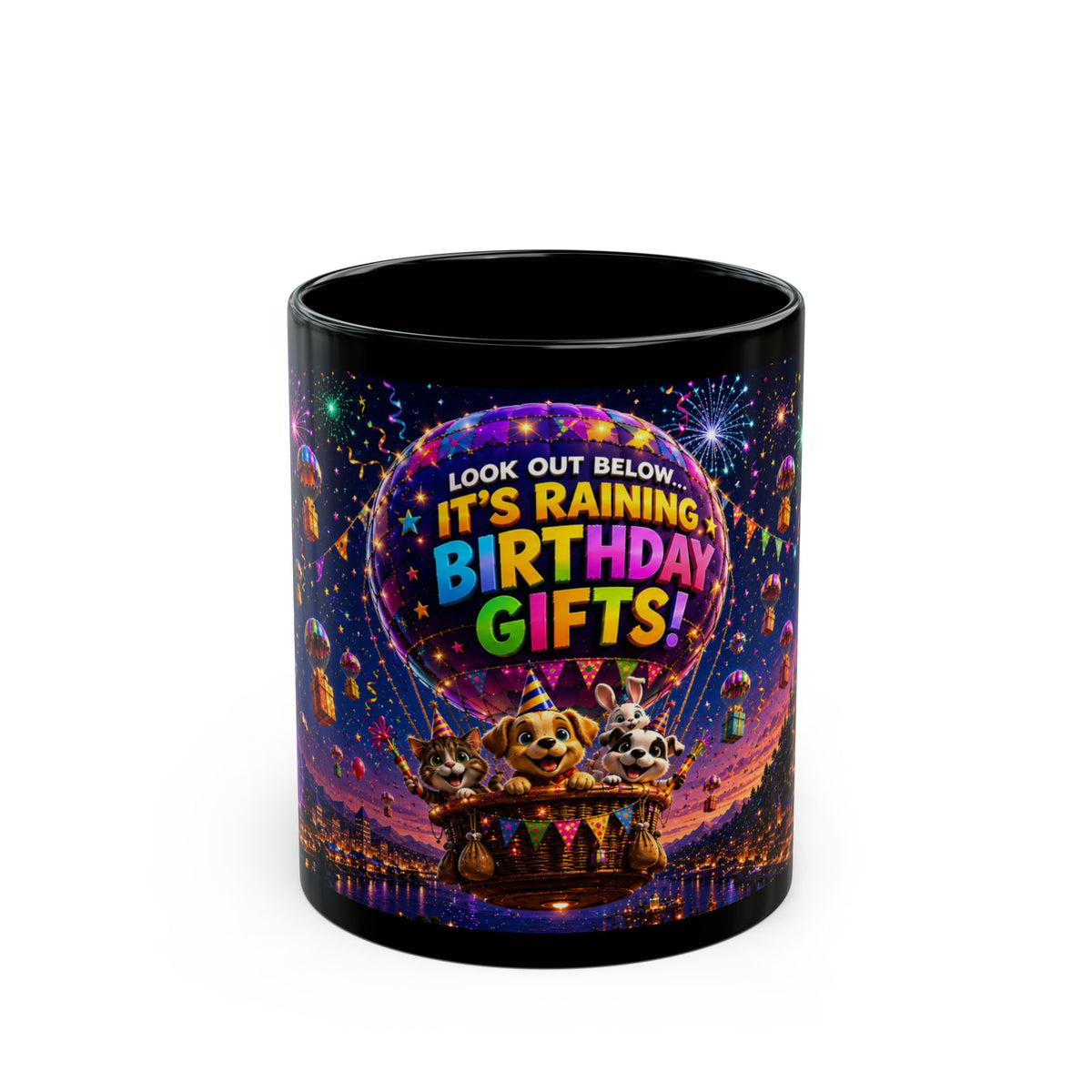 Birthday Gifts Hot Air Balloon Black Mug – "It's Raining Birthday Gifts" (11oz)
