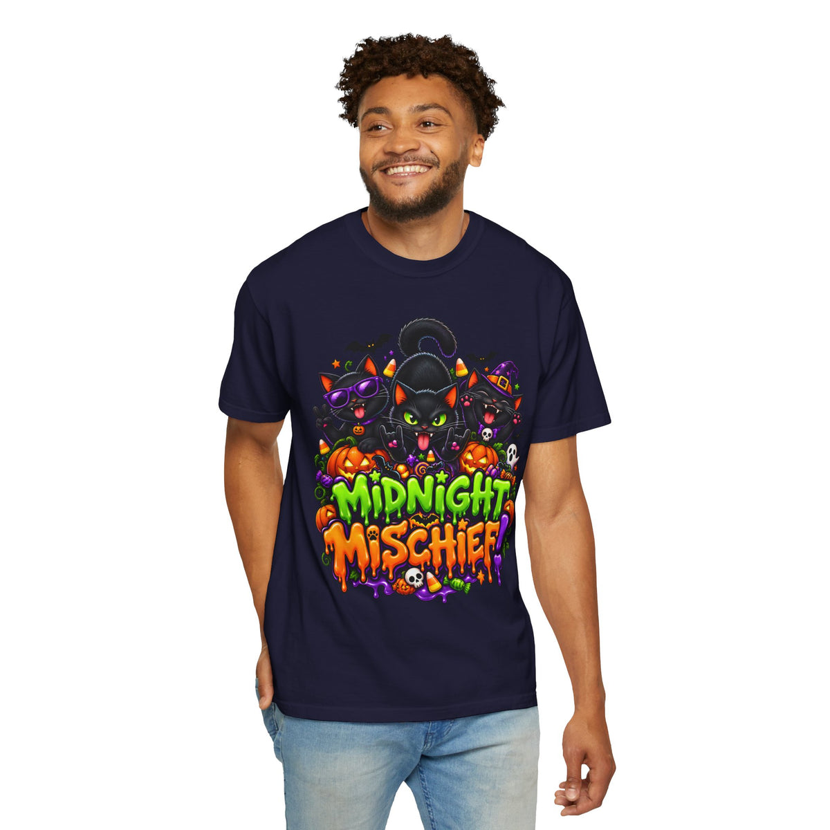 Midnight Mischief Halloween T-Shirt – Funny Black Cat Graphic Tee