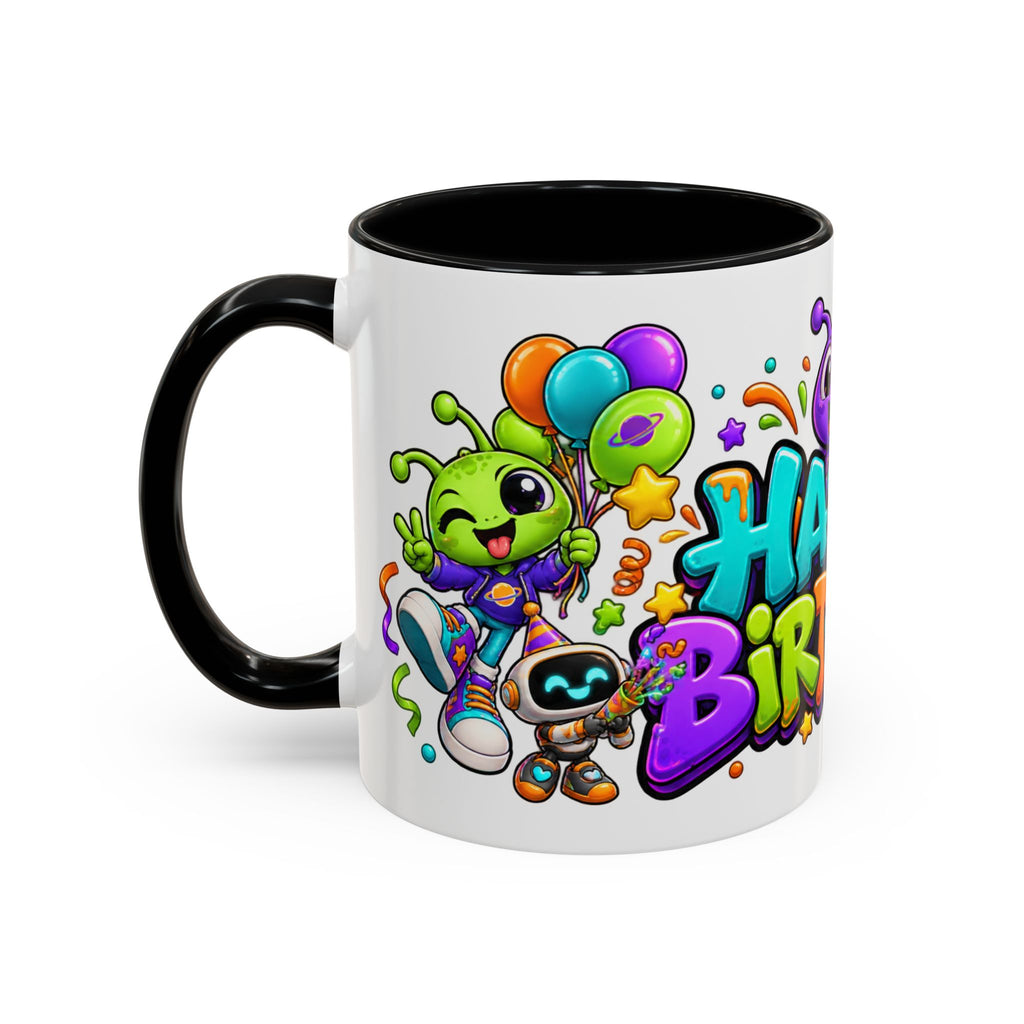 Happy Birthday Alien Mug – Colorful Space Party Cup with Cute Aliens & Robots