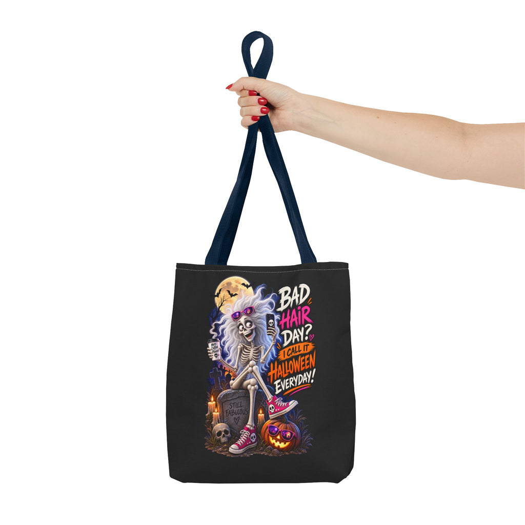 Halloween Skeleton Tote Bag — "Bad Hair Day? I Call It Halloween Everyday" Graphic