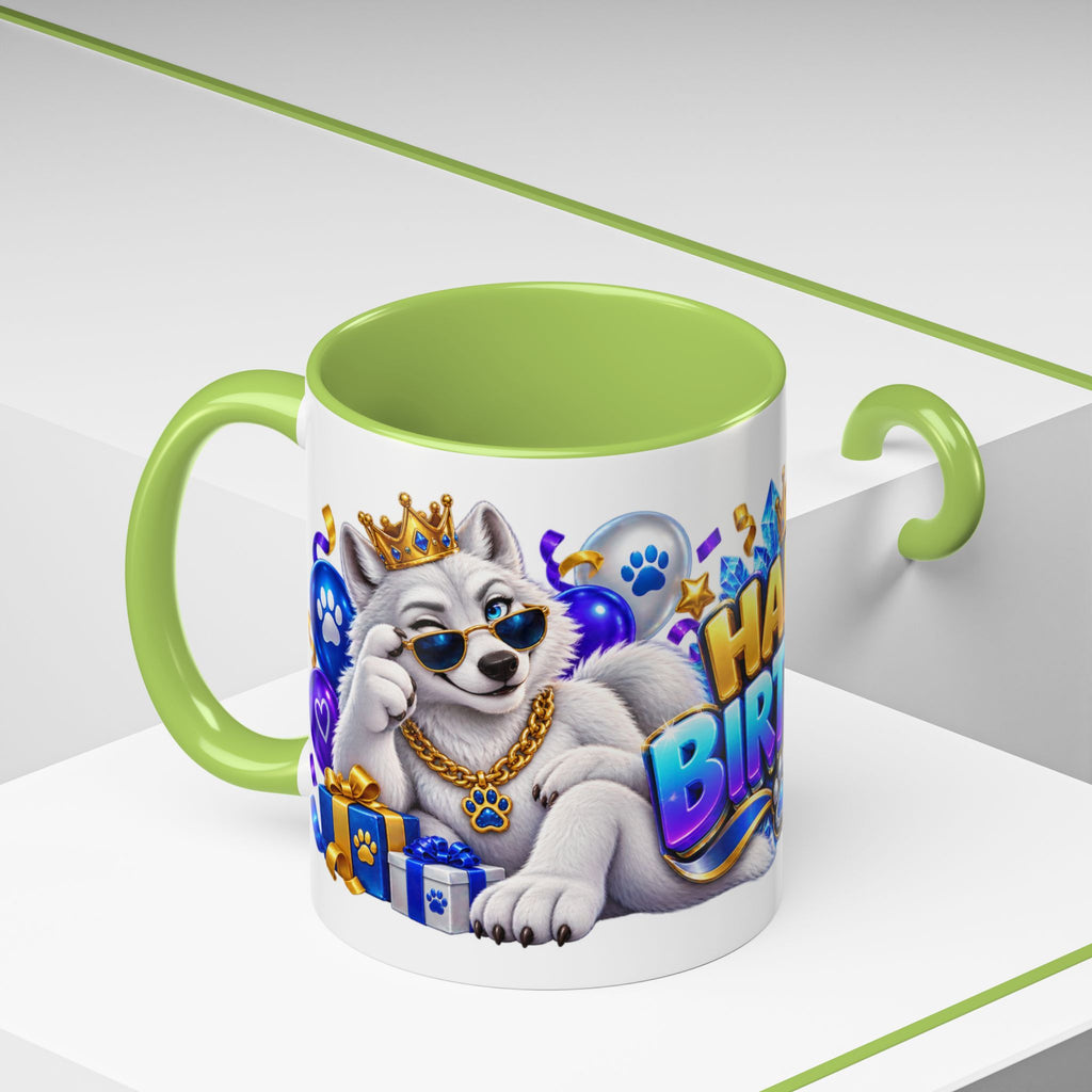 White Wolf Happy Birthday Mug – Blue Purple & Gold Birthday Gift – FestoraShop White Coffee Mug