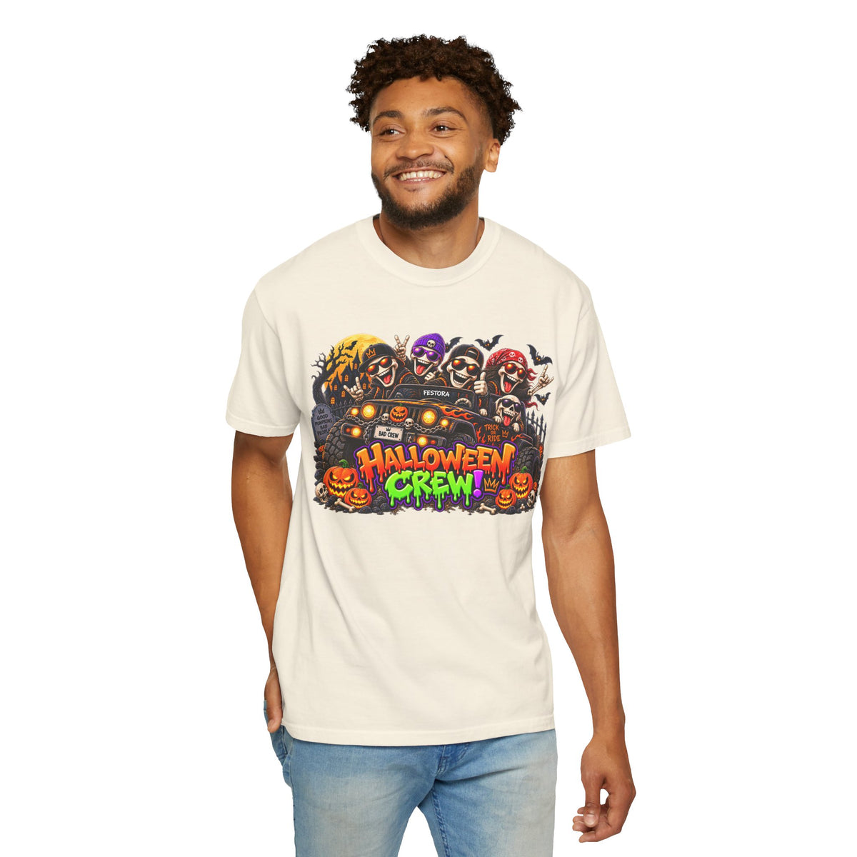 Halloween Crew T-Shirt – Skeleton Jeep Spooky Graphic Tee