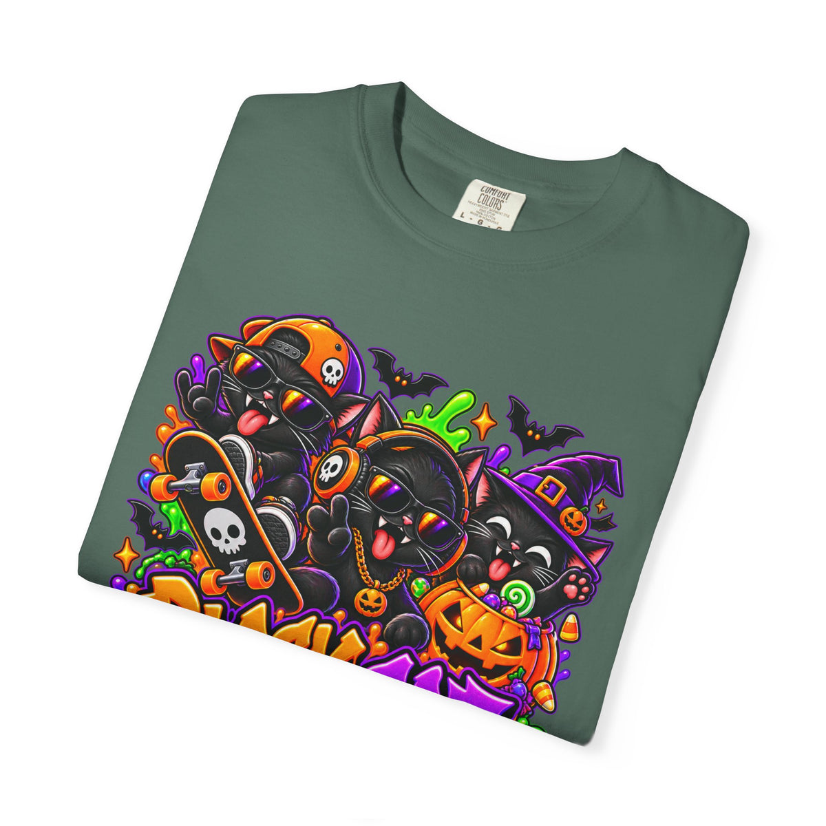 Neon Black Cat Halloween Chaos T-Shirt | Cute Spooky Cat Graphic Tee