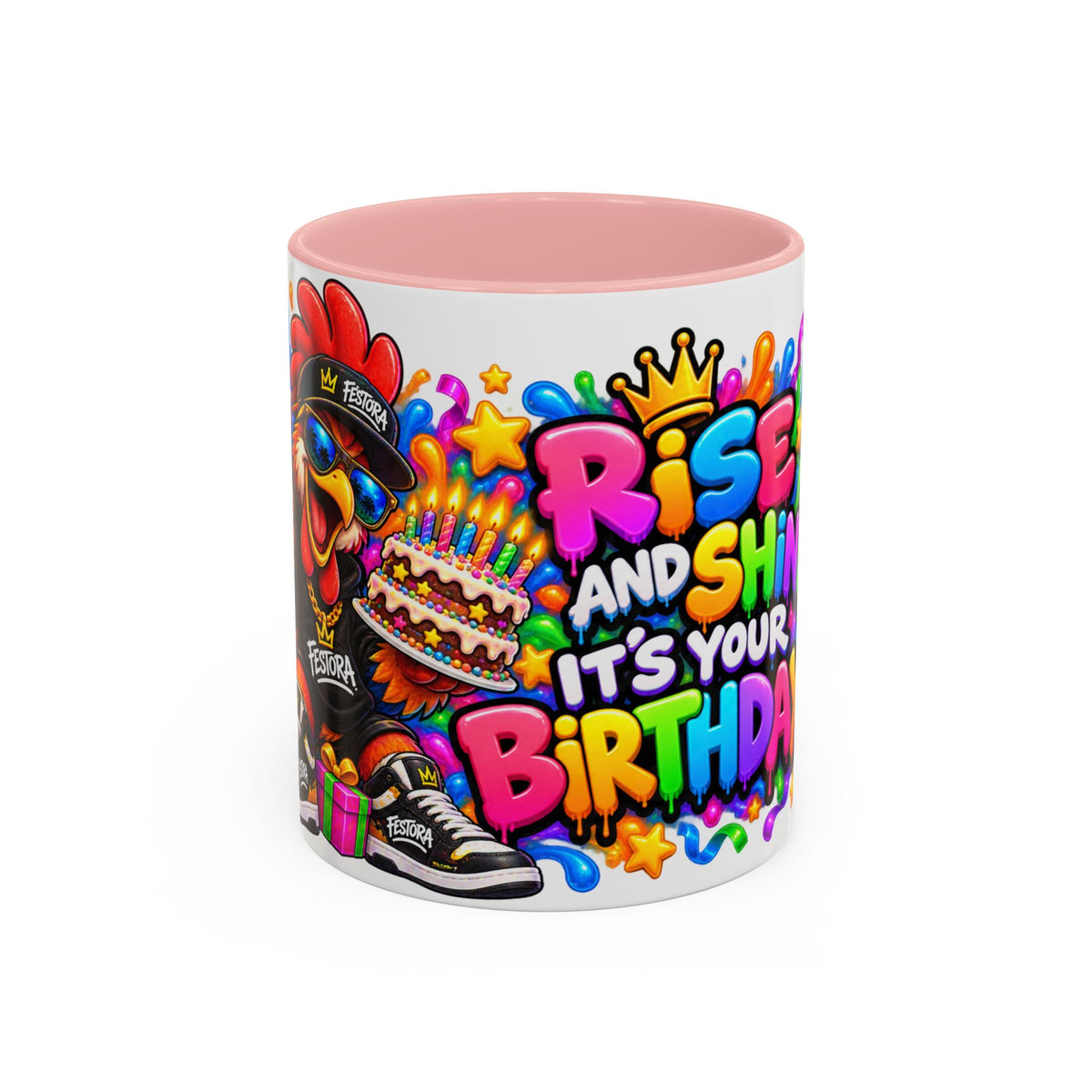 RISE AND SHINE… IT’S YOUR BIRTHDAY! White Ceramic Mug – Funny Rooster Birthday Coffee Cup – Colorful Party Gift – Original FestoraShop Design