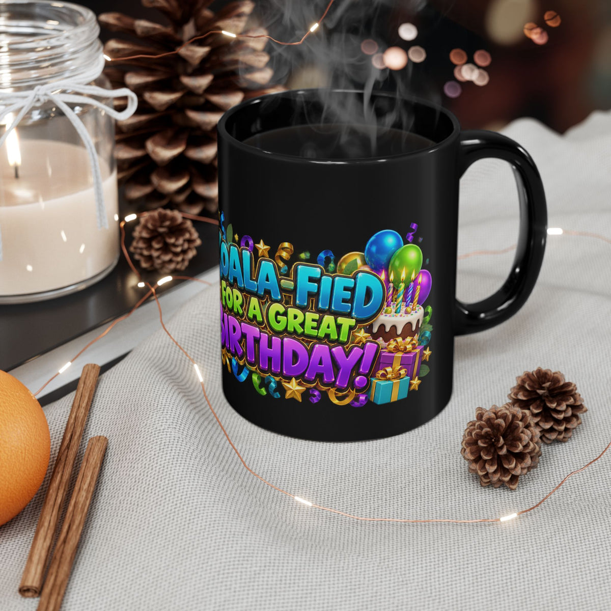 Koala-Fied for a Great Birthday Black Mug – Cute Koala Birthday Cup, Colorful Party Gift