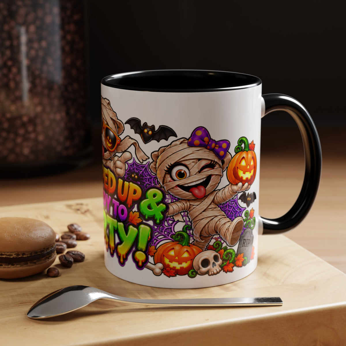 Wrapped Up & Ready to Party White Mug – Funny Mummies & Spooky Party Design