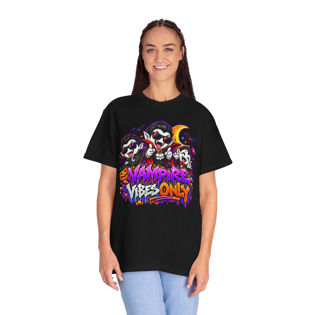 Neon Vampire Vibes Halloween Unisex Garment-Dyed T-Shirt Featuring a Cool Festora Vampire Crew