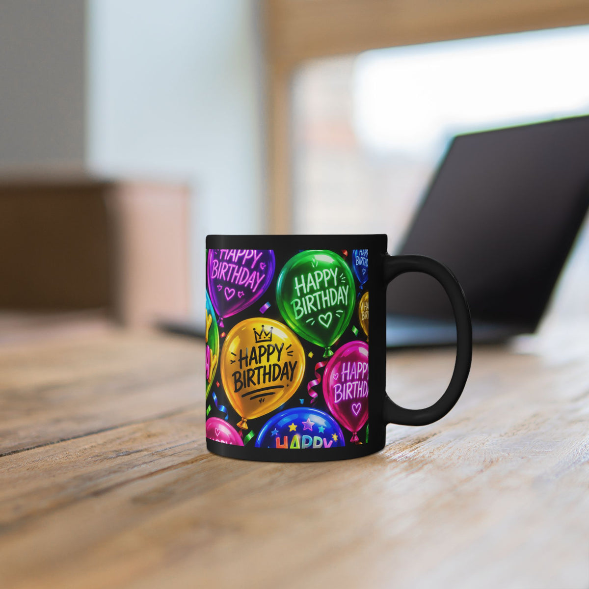 Happy Birthday Balloon Black Mug — Colorful Celebration Coffee Cup (11oz/15oz)