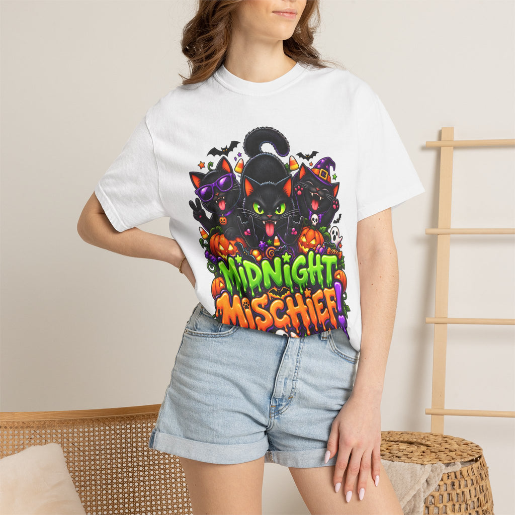 Midnight Mischief Halloween T-Shirt – Funny Black Cat Graphic Tee