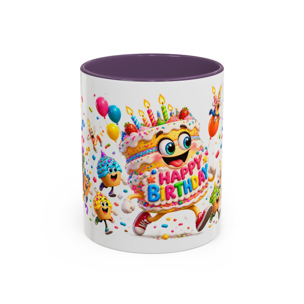 Birthday Party Coffee Mug – Colorful Happy Birthday Cake & Balloon Design (11/15oz Accent Mug)